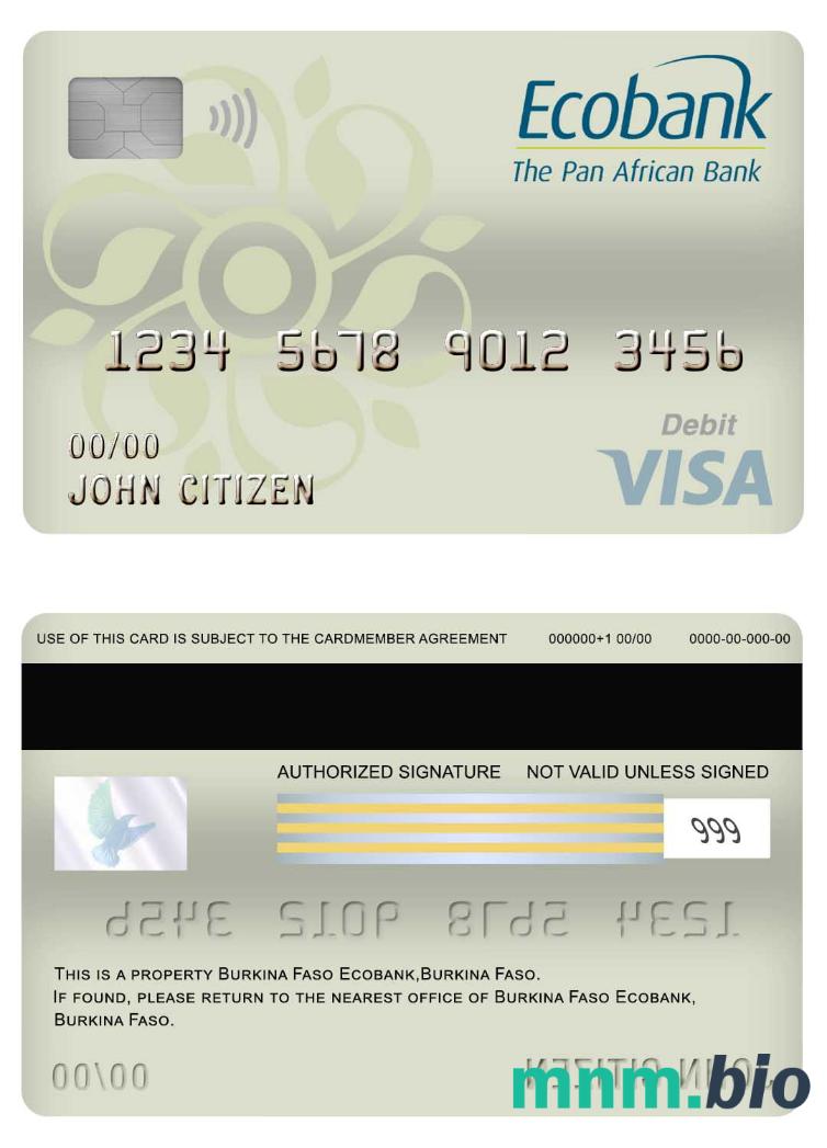 Burkina Faso Ecobank bank visa debet karta przykład w formacie PSD